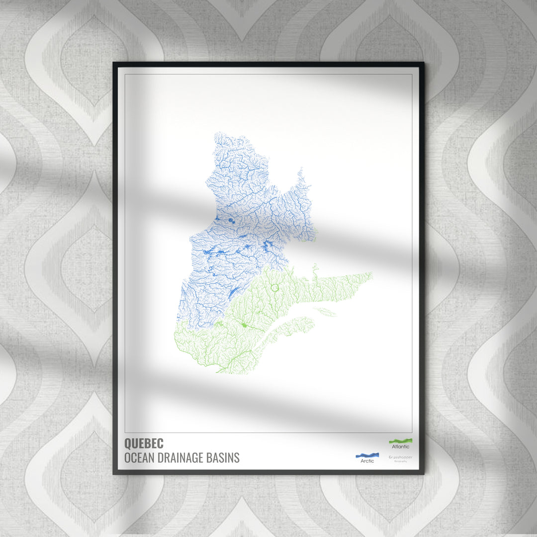 Quebec - Mapa de la cuenca hidrográfica del océano, blanco con leyenda v1 - Impresión fotográfica