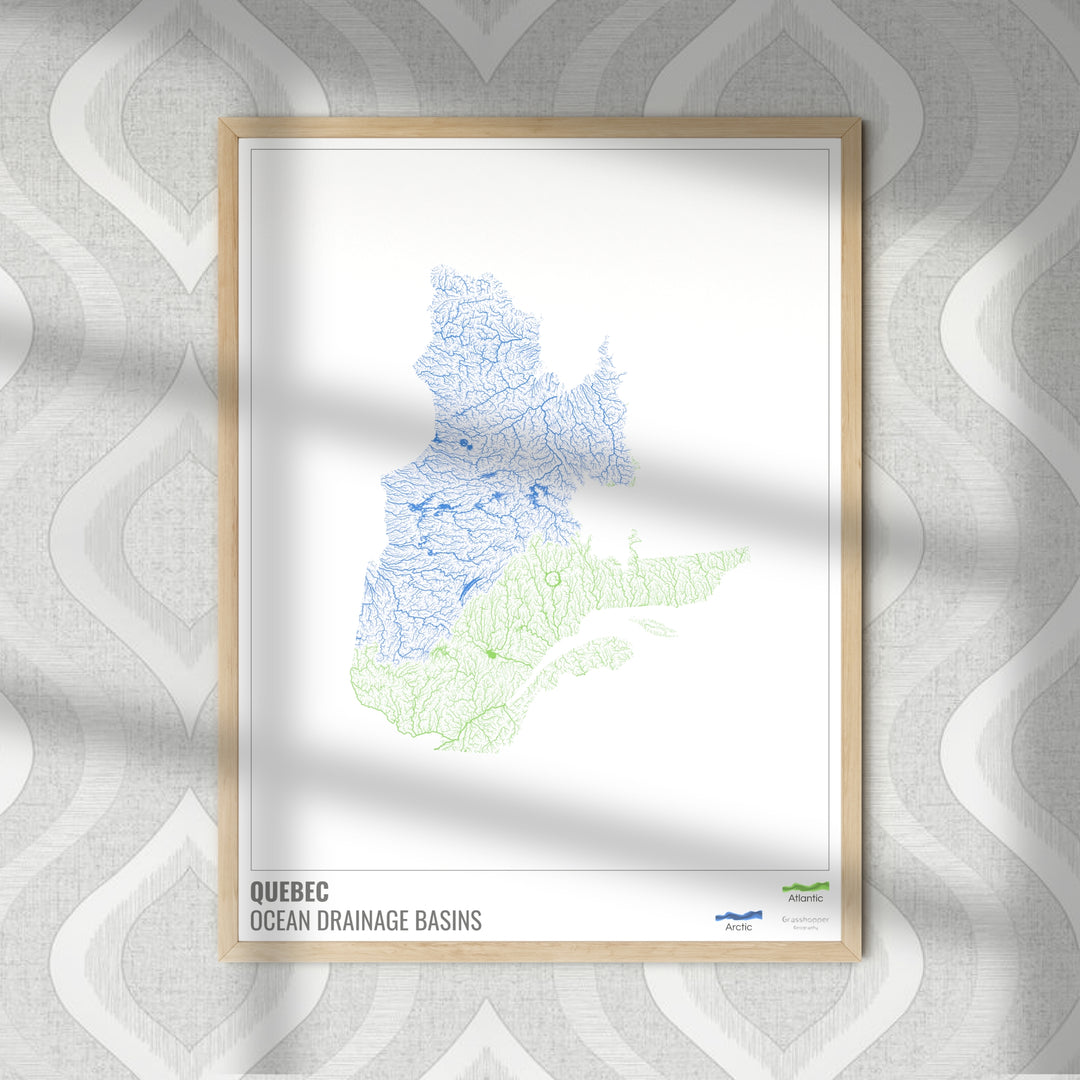 Quebec - Mapa de la cuenca hidrográfica del océano, blanco con leyenda v1 - Impresión de bellas artes