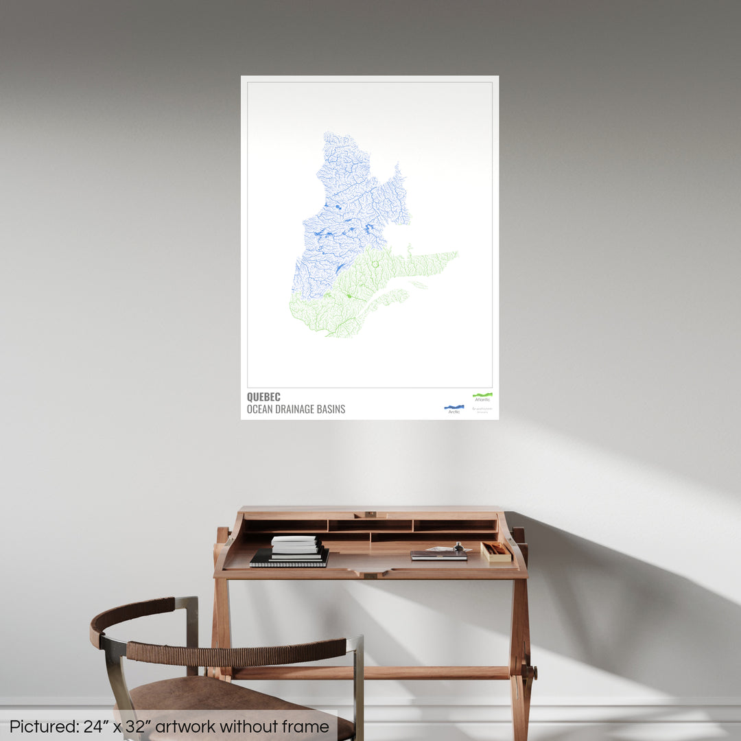 Quebec - Mapa de la cuenca hidrográfica del océano, blanco con leyenda v1 - Impresión fotográfica