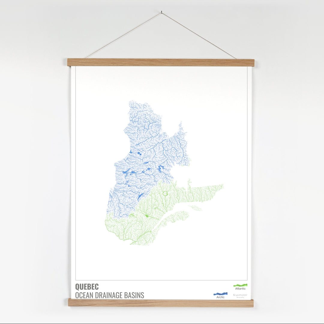 Quebec - Mapa de la cuenca hidrográfica del océano, blanco con leyenda v1 - Impresión artística con colgador