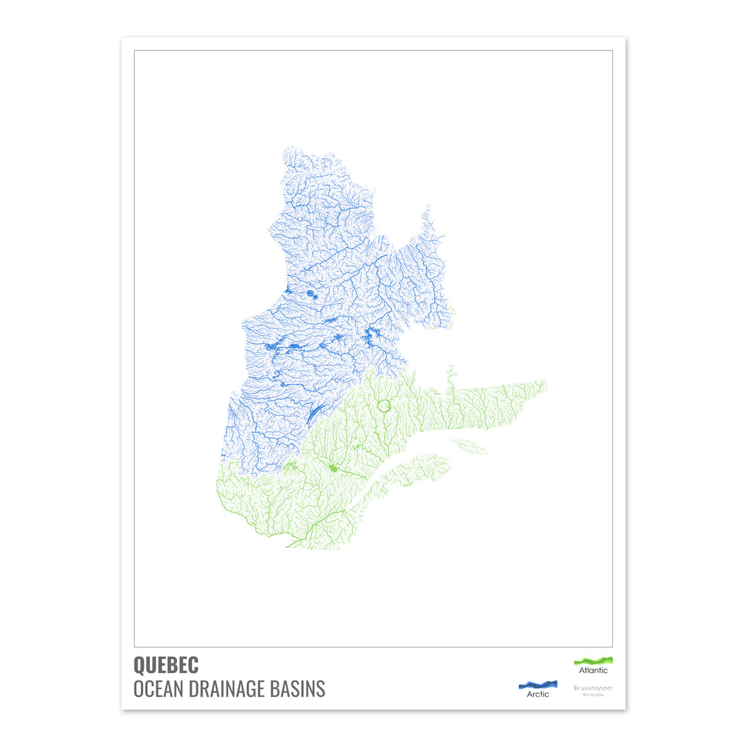 Quebec - Mapa de la cuenca hidrográfica del océano, blanco con leyenda v1 - Impresión fotográfica