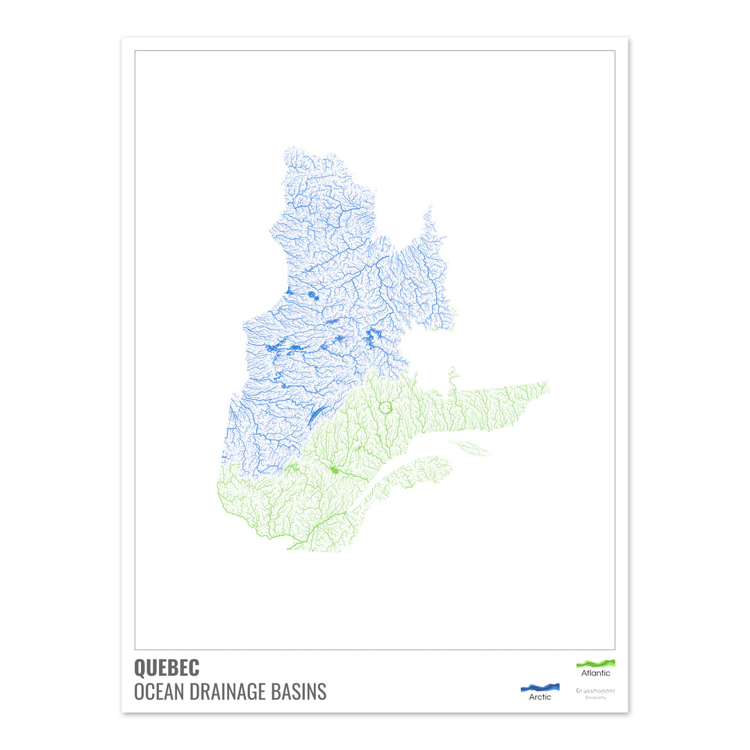 Québec - Carte des bassins versants océaniques, blanche avec légende v1 - Tirage d'art photo