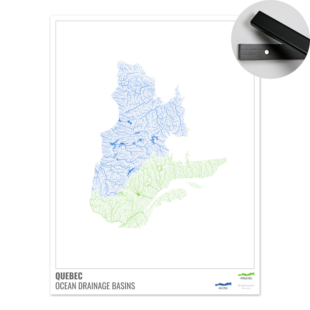 Quebec - Mapa de la cuenca hidrográfica del océano, blanco con leyenda v1 - Impresión artística con colgador