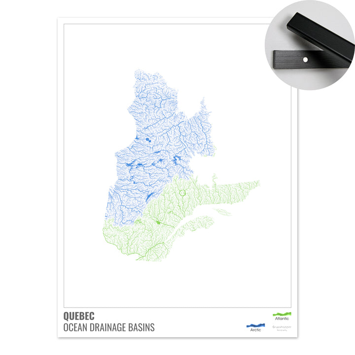 Quebec - Mapa de la cuenca hidrográfica del océano, blanco con leyenda v1 - Impresión artística con colgador