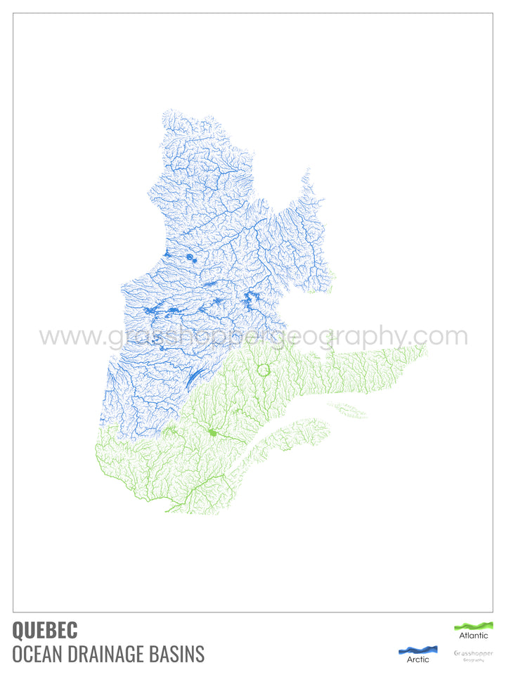 Québec - Carte des bassins versants océaniques, blanche avec légende v1 - Tirage d'art photo