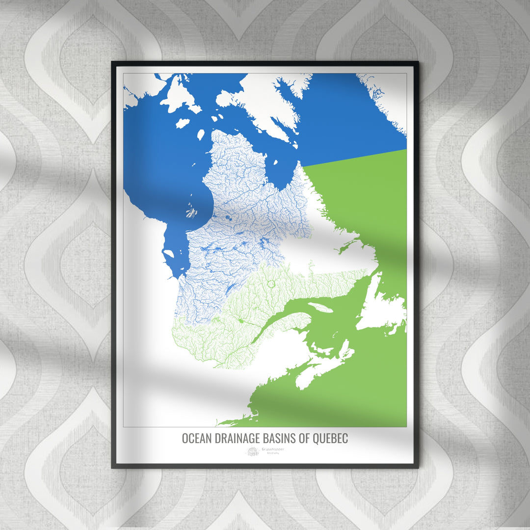Quebec - Mapa de la cuenca hidrográfica del océano, blanco v2 - Impresión de bellas artes