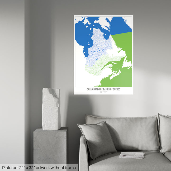 Québec - Carte des bassins hydrographiques océaniques, blanc v2 - Tirage d'art photo