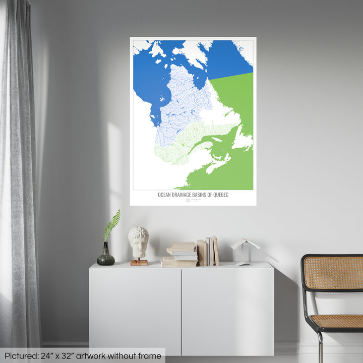 Quebec - Mapa de la cuenca hidrográfica del océano, blanco v2 - Impresión de bellas artes