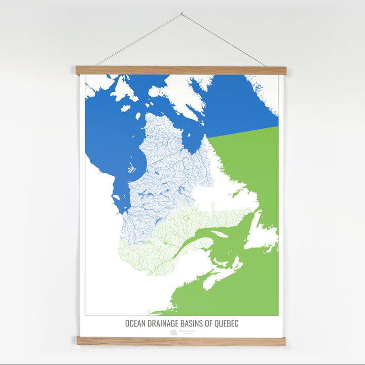 Quebec - Mapa de la cuenca hidrográfica del océano, blanco v2 - Impresión artística con colgador