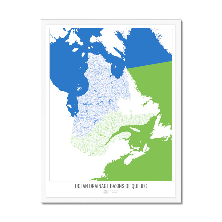 Quebec - Mapa de la cuenca hidrográfica del océano, blanco v2 - Lámina enmarcada