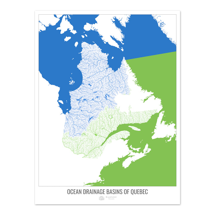 Québec - Carte des bassins hydrographiques océaniques, blanc v2 - Tirage d'art photo