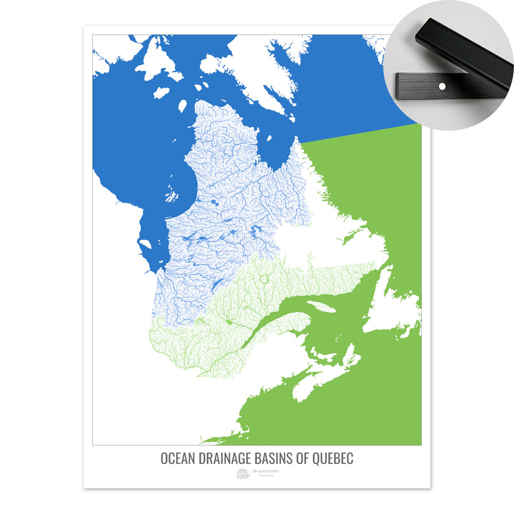Québec - Carte des bassins versants océaniques, blanc v2 - Tirage d'art avec cintre