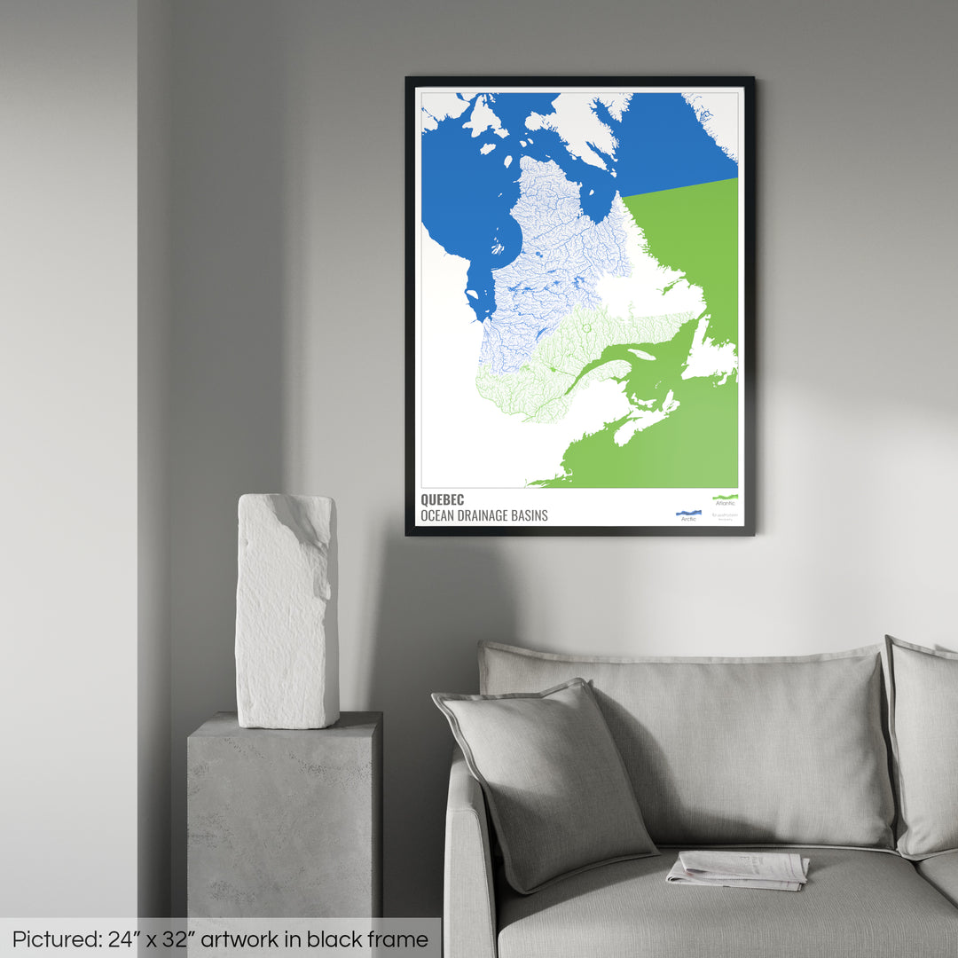 Quebec - Mapa de la cuenca hidrográfica del océano, blanco con leyenda v2 - Lámina enmarcada