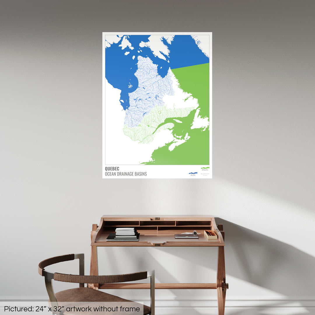 Québec - Carte des bassins hydrographiques océaniques, blanche avec légende v2 - Tirage d'art