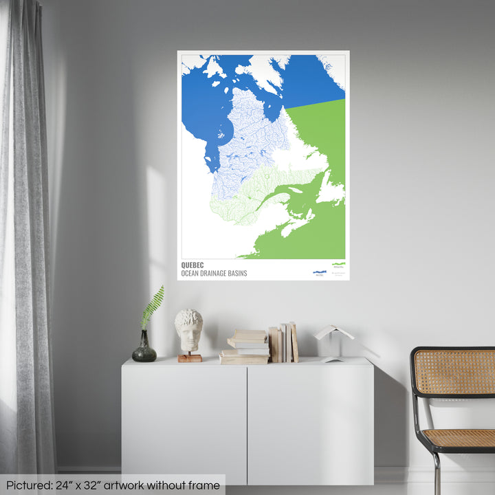 Quebec - Mapa de la cuenca hidrográfica del océano, blanco con leyenda v2 - Impresión fotográfica