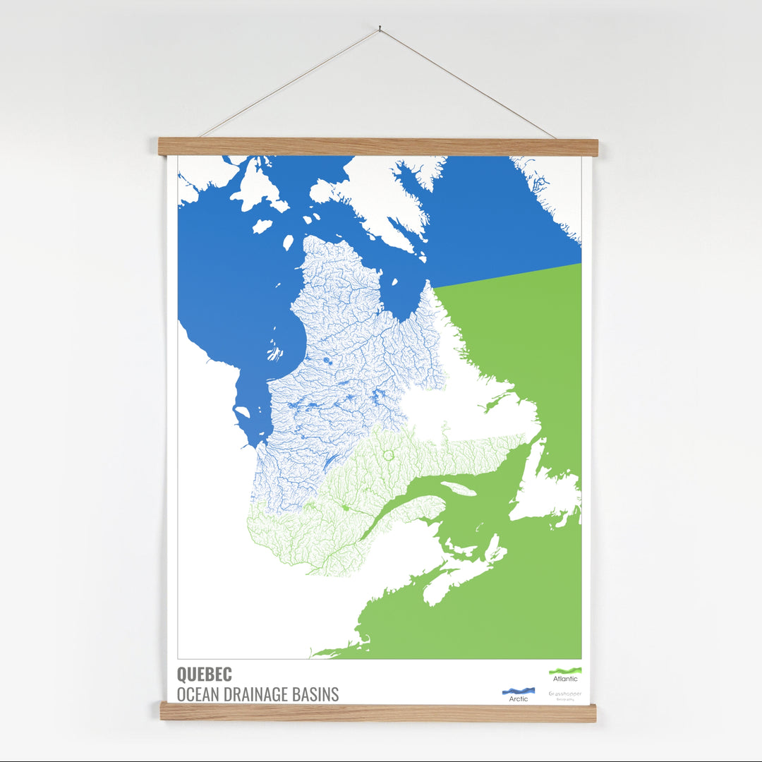 Quebec - Mapa de la cuenca hidrográfica del océano, blanco con leyenda v2 - Impresión artística con colgador