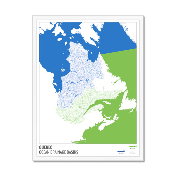Quebec - Mapa de la cuenca hidrográfica del océano, blanco con leyenda v2 - Lámina enmarcada