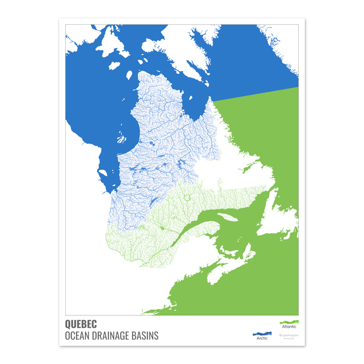 Quebec - Mapa de la cuenca hidrográfica del océano, blanco con leyenda v2 - Impresión fotográfica