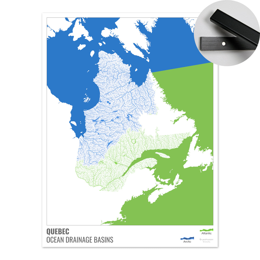 Quebec - Mapa de la cuenca hidrográfica del océano, blanco con leyenda v2 - Impresión artística con colgador