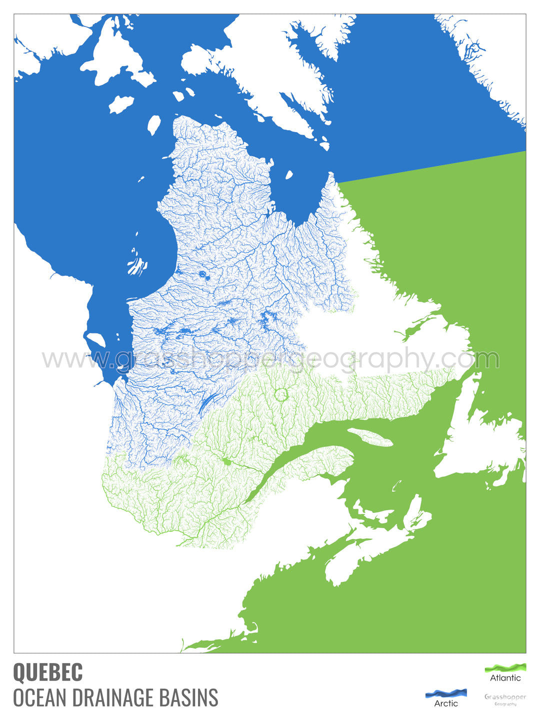Quebec - Mapa de la cuenca hidrográfica del océano, blanco con leyenda v2 - Impresión fotográfica