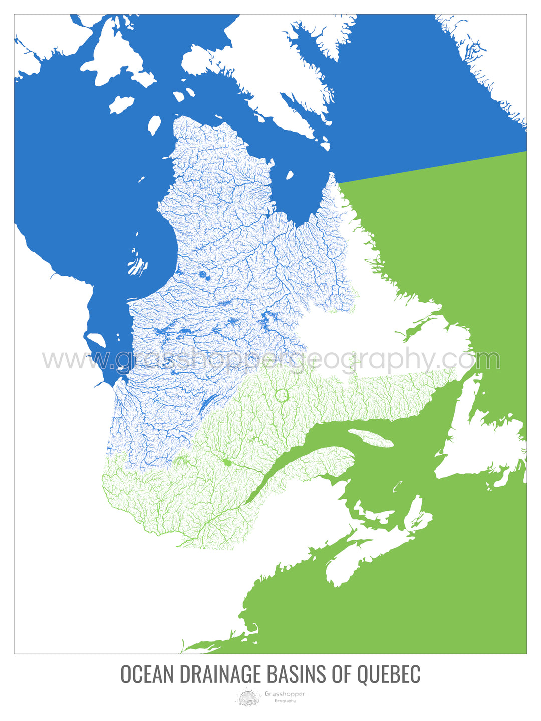 Quebec - Mapa de la cuenca hidrográfica del océano, blanco v2 - Impresión de bellas artes