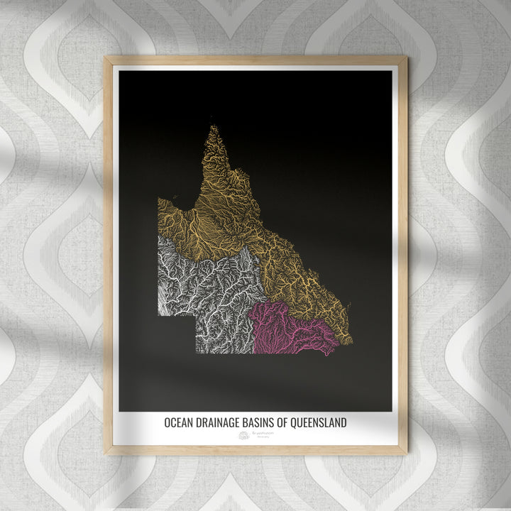 Queensland - Ocean drainage basin map, black v1 - Fine Art Print