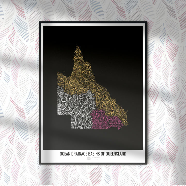 Queensland - Ocean drainage basin map, black v1 - Photo Art Print