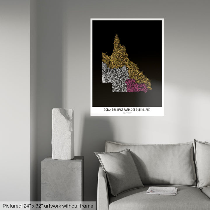 Queensland - Carte des bassins hydrographiques océaniques, noir v1 - Fine Art Print