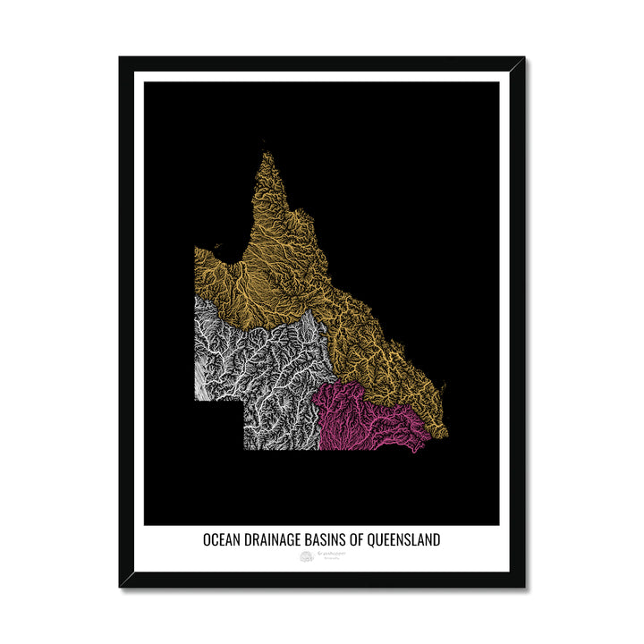Queensland - Carte du bassin versant océanique, noir v1 - Impression encadrée