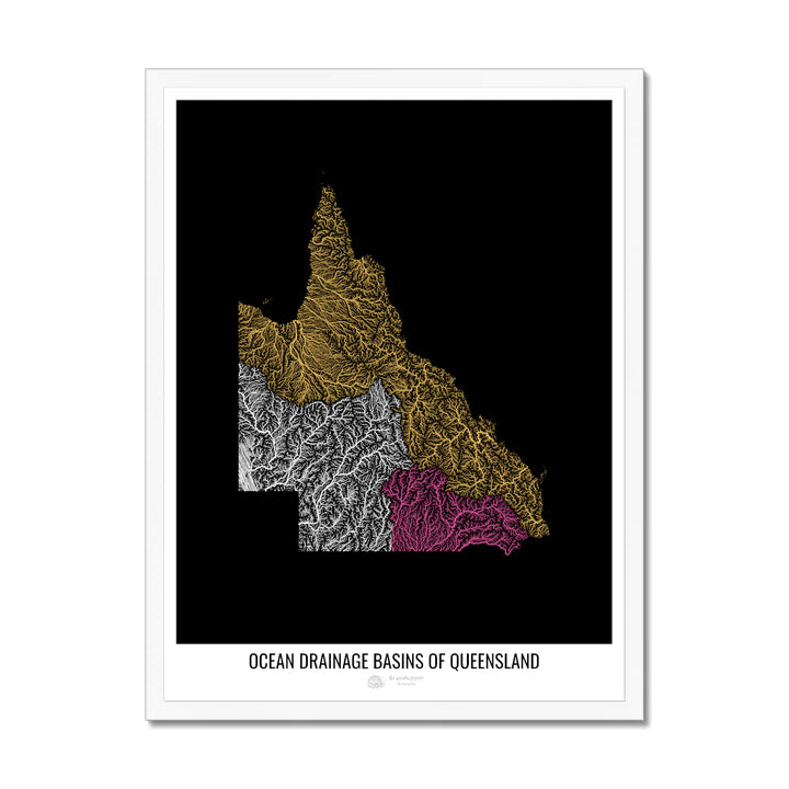 Queensland - Carte du bassin versant océanique, noir v1 - Impression encadrée