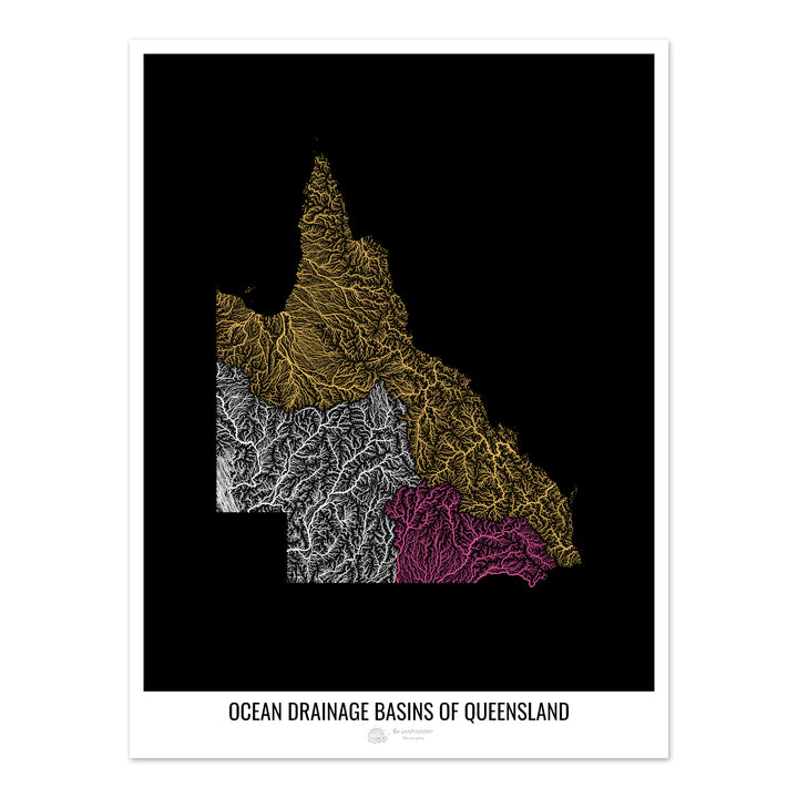 Queensland - Mapa de la cuenca de drenaje oceánico, negro v1 - Impresión de bellas artes