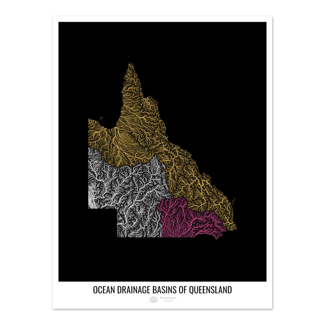 Queensland - Carte du bassin versant océanique, noir v1 - Tirage photo artistique