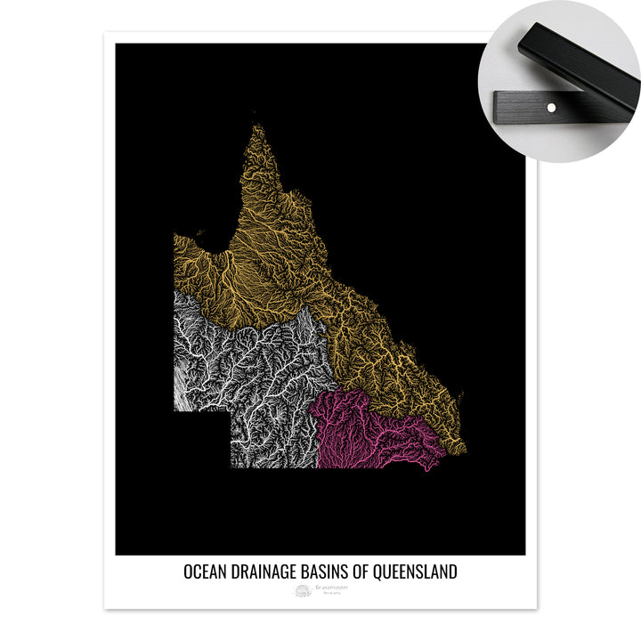 Queensland - Mapa de la cuenca hidrográfica del océano, negro v1 - Impresión artística con colgador