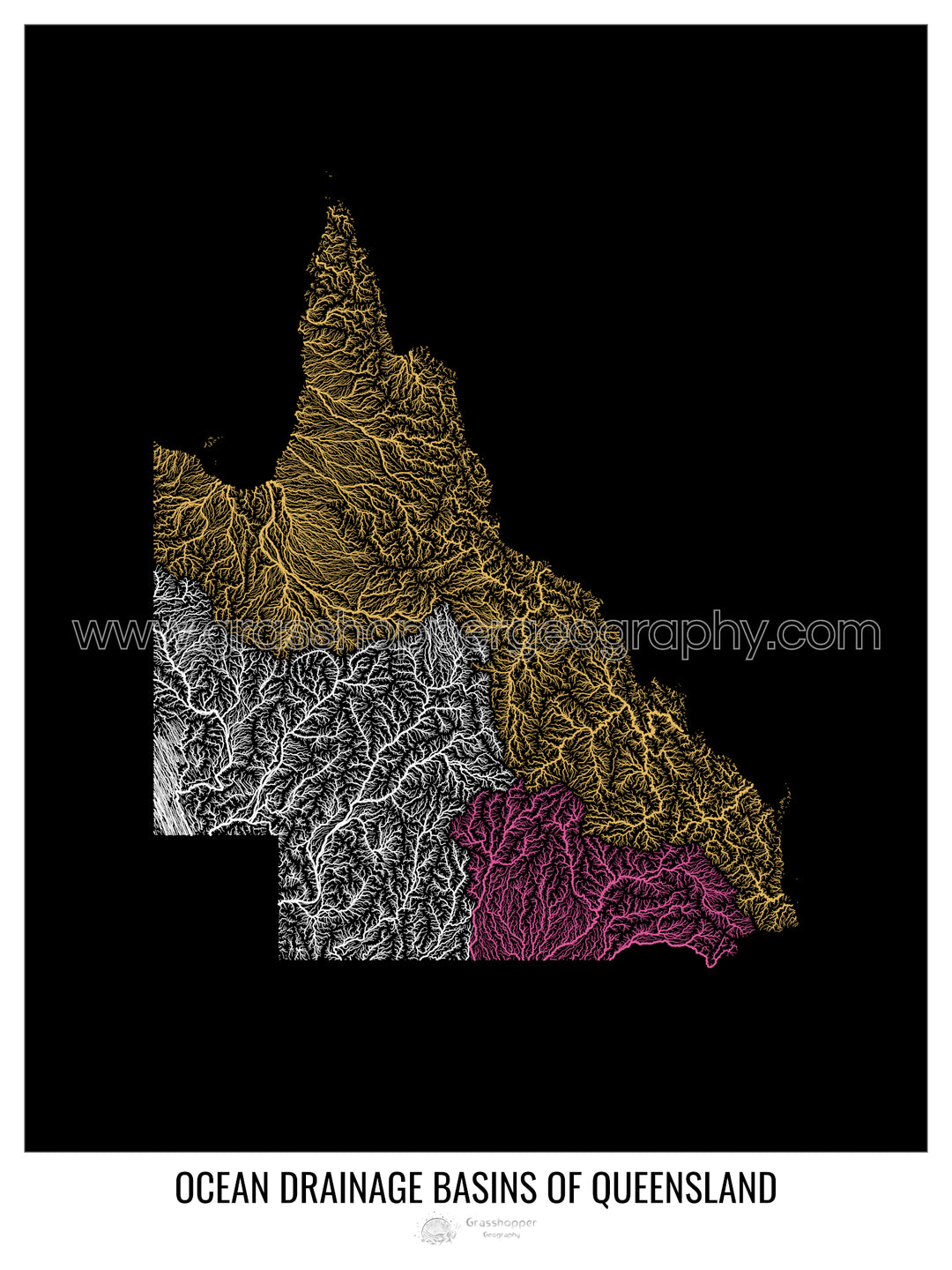 Queensland - Carte des bassins hydrographiques océaniques, noir v1 - Fine Art Print
