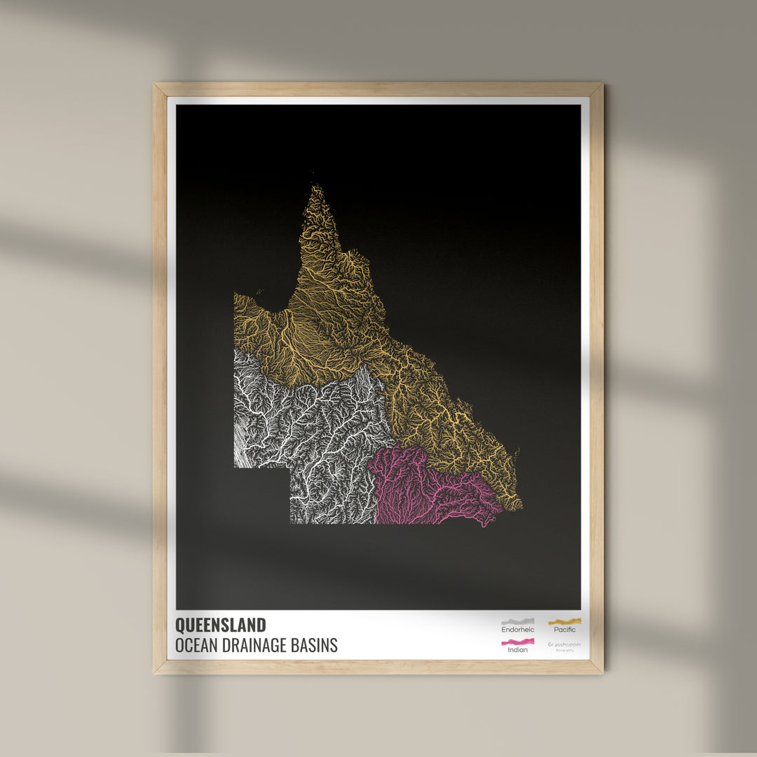 Queensland - Ocean drainage basin map, black with legend v1 - Photo Art Print
