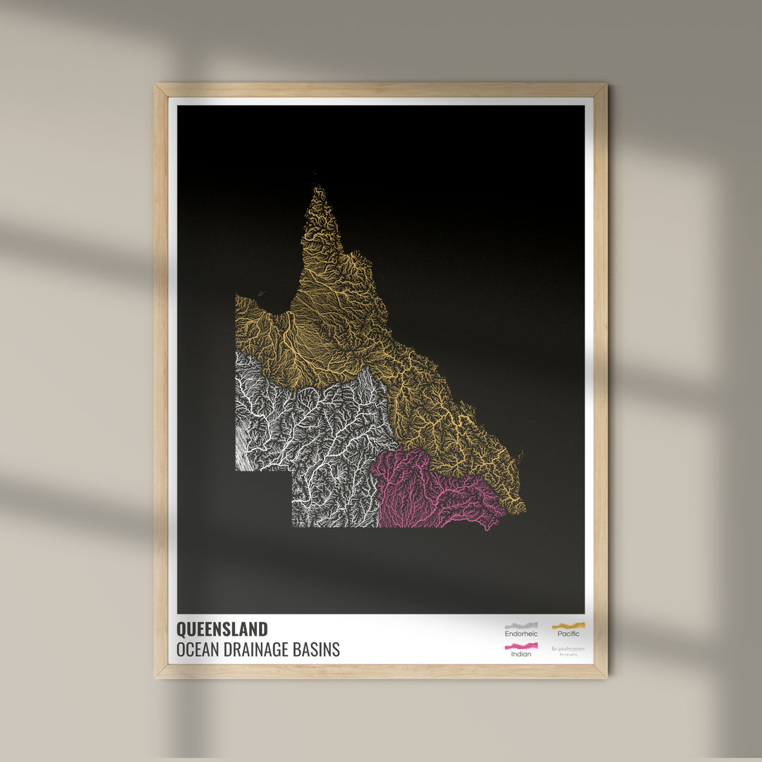 Queensland - Mapa de la cuenca hidrográfica del océano, negro con leyenda v1 - Impresión fotográfica