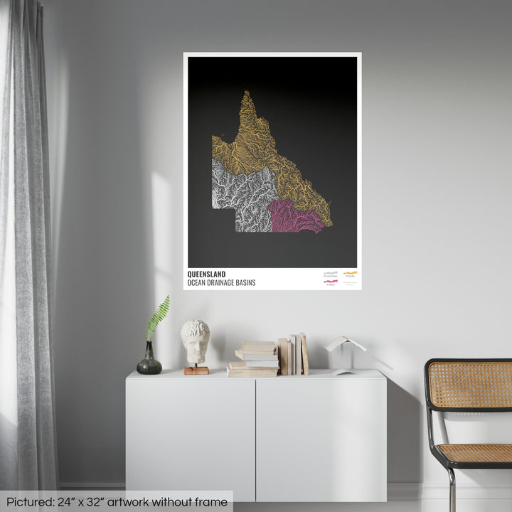 Queensland - Mapa da bacia de drenagem oceânica, preto com legenda v1 - Impressão de arte fotográfica