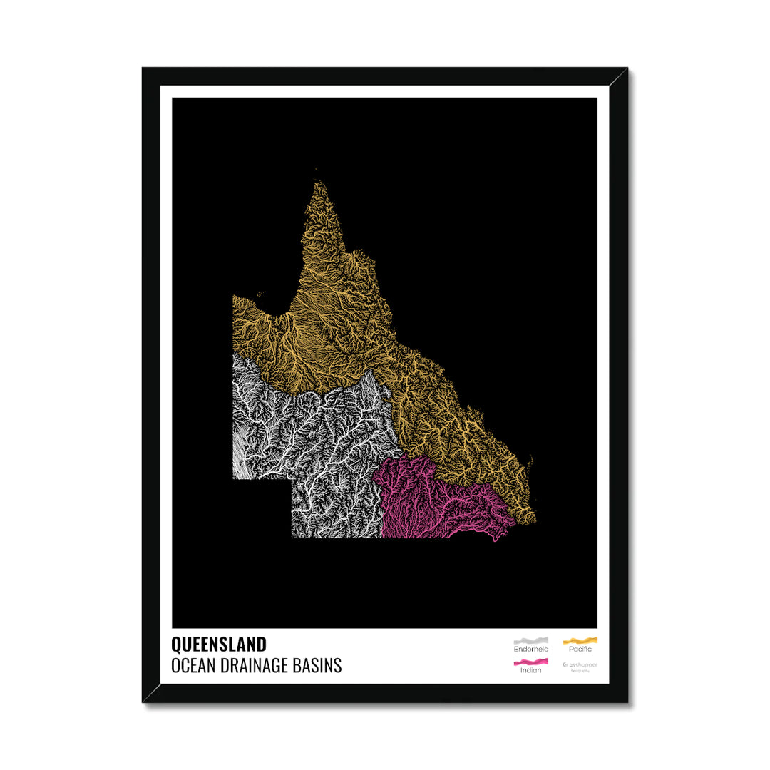 Queensland - Ocean drainage basin map, black with legend v1 - Framed Print