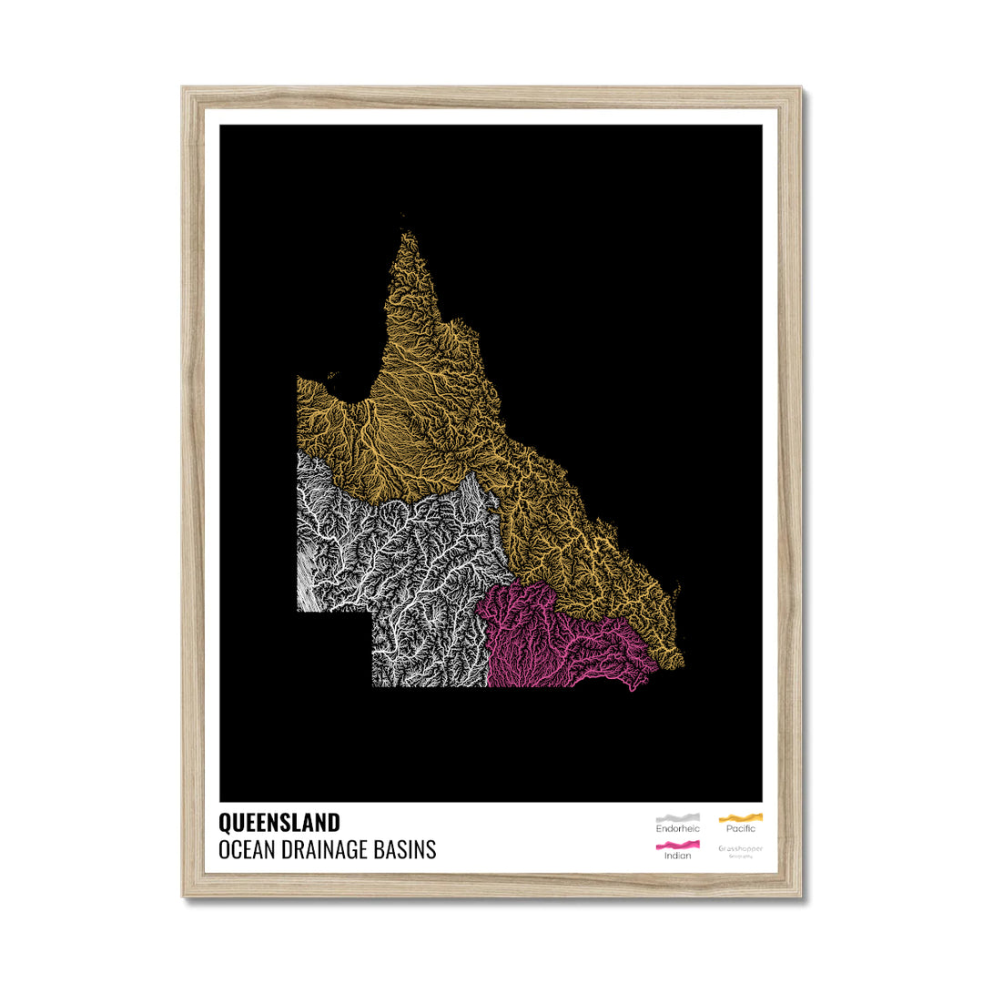 Queensland - Mapa de la cuenca hidrográfica del océano, negro con leyenda v1 - Lámina enmarcada