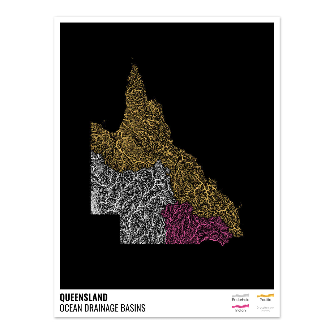 Queensland - Carte des bassins hydrographiques océaniques, noire avec légende v1 - Fine Art Print