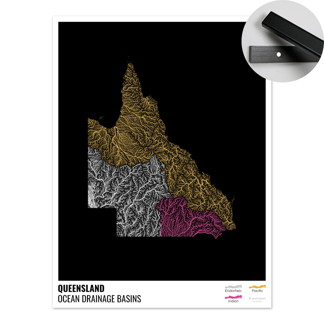 Queensland - Ocean drainage basin map, black with legend v1 - Fine Art Print with Hanger