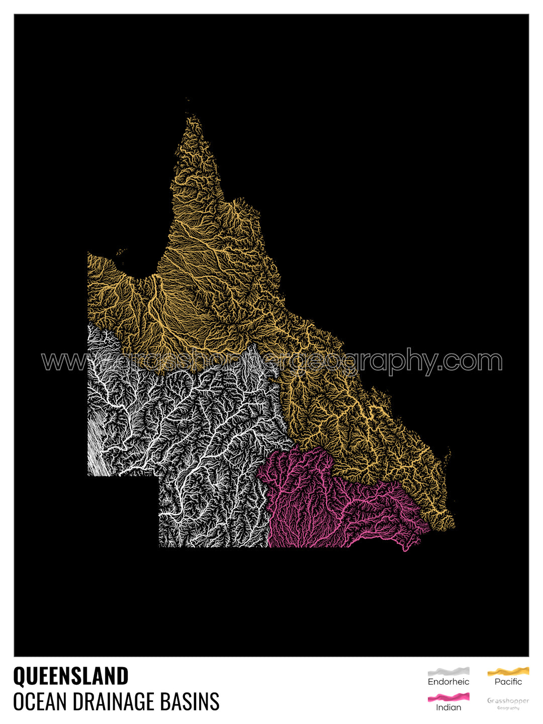 Queensland - Mapa de la cuenca hidrográfica del océano, negro con leyenda v1 - Impresión de bellas artes