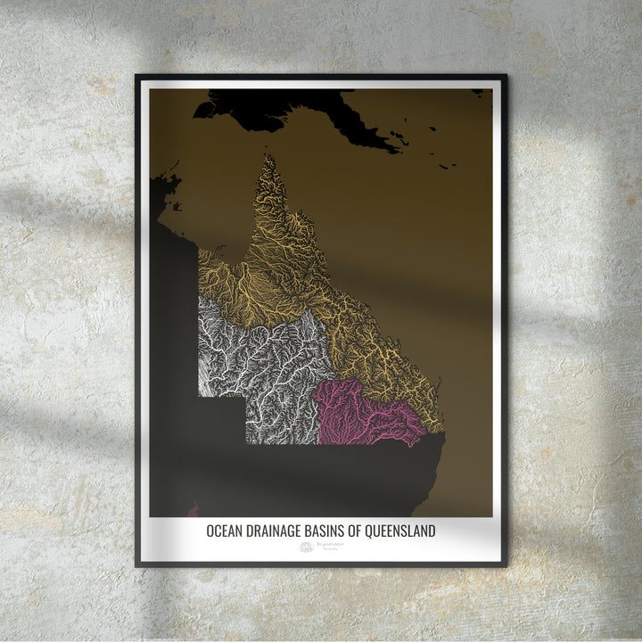 Queensland - Carte des bassins hydrographiques océaniques, noir v2 - Fine Art Print