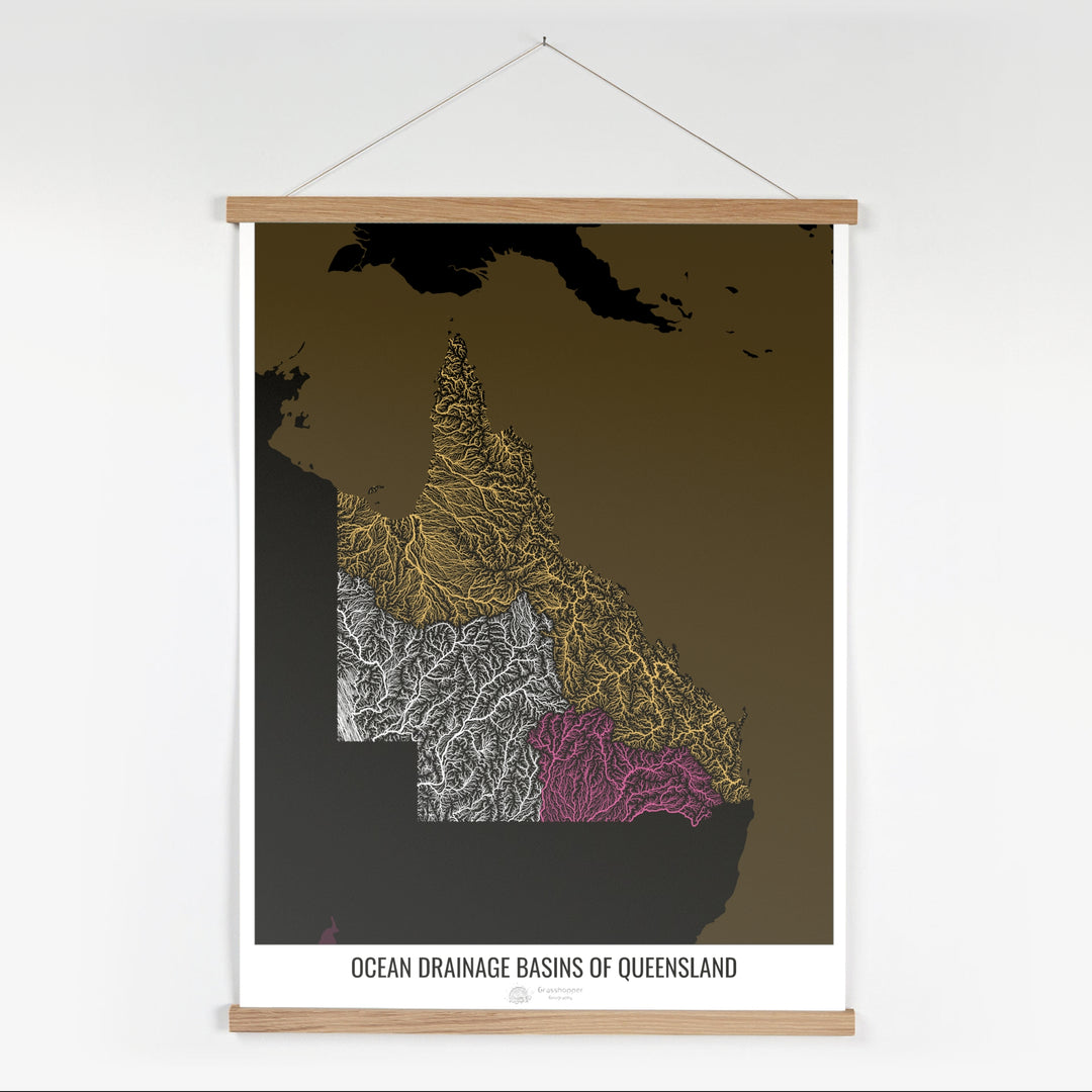 Queensland - Mapa de la cuenca hidrográfica del océano, negro v2 - Impresión artística con colgador