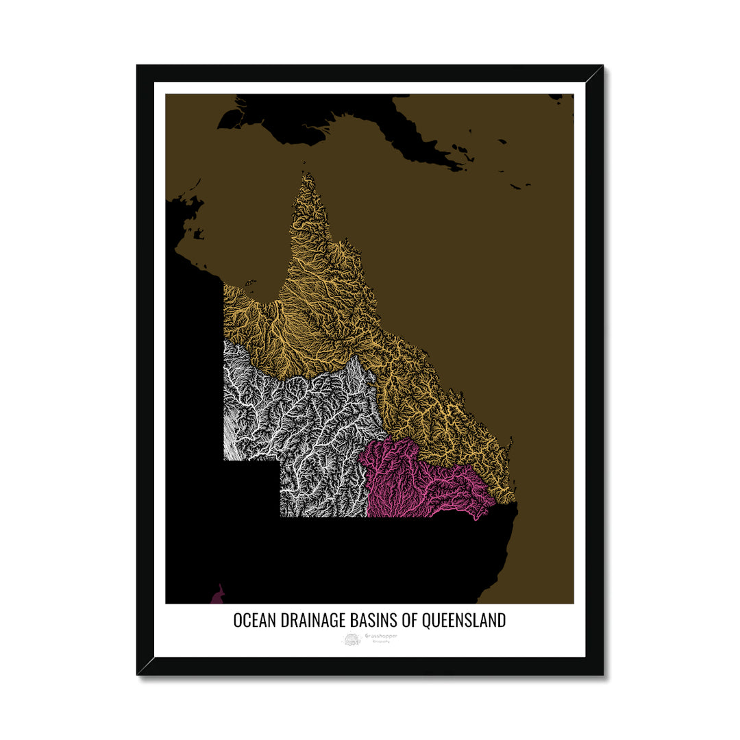 Queensland - Carte du bassin versant océanique, noir v2 - Impression encadrée