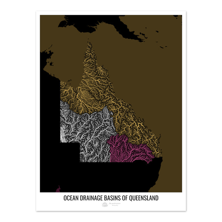 Queensland - Mapa de la cuenca hidrográfica del océano, negro v2 - Impresión de bellas artes