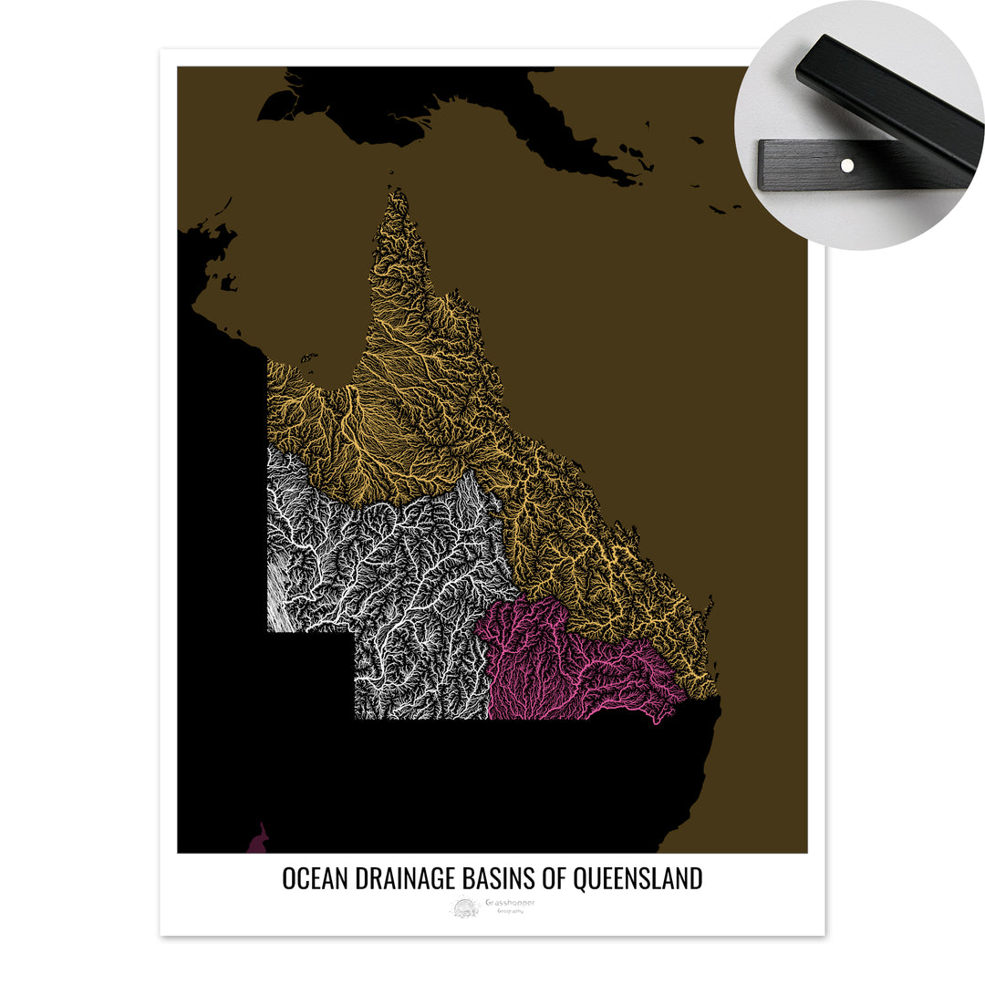 Queensland - Mapa de la cuenca hidrográfica del océano, negro v2 - Impresión artística con colgador