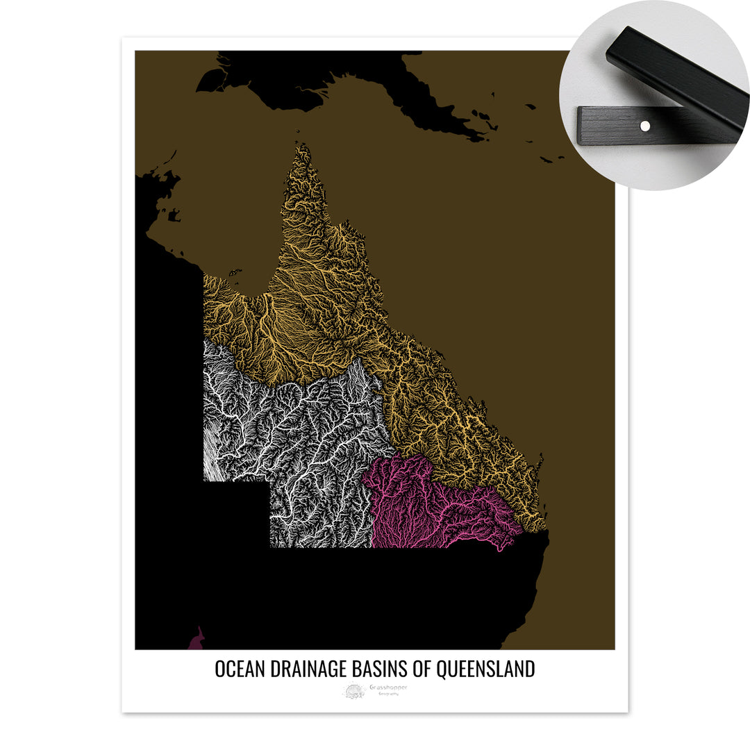 Queensland - Ocean drainage basin map, black v2 - Fine Art Print with Hanger