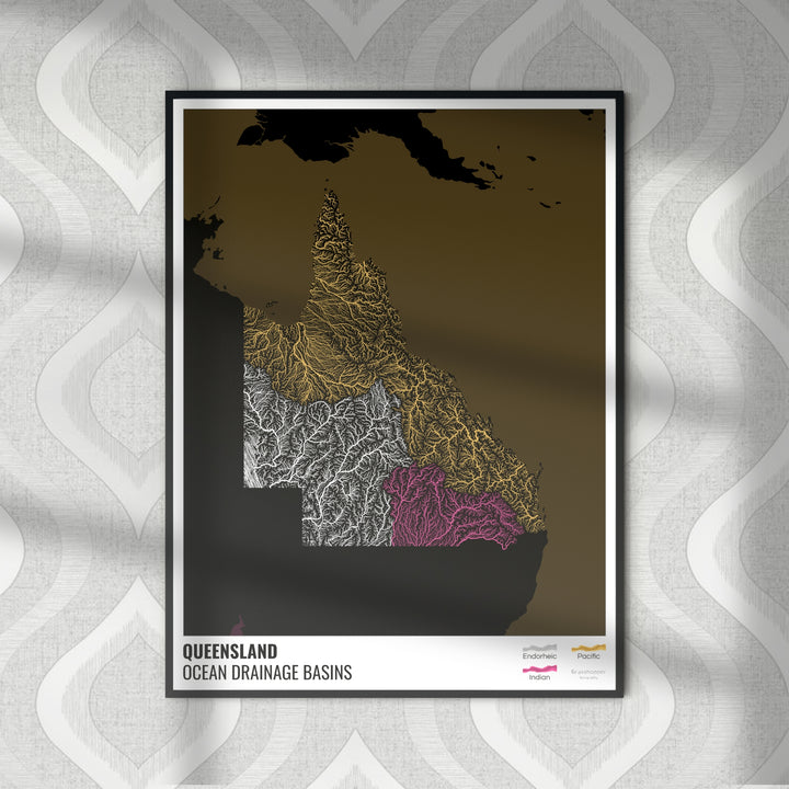 Queensland - Mapa de la cuenca hidrográfica del océano, negro con leyenda v2 - Impresión fotográfica