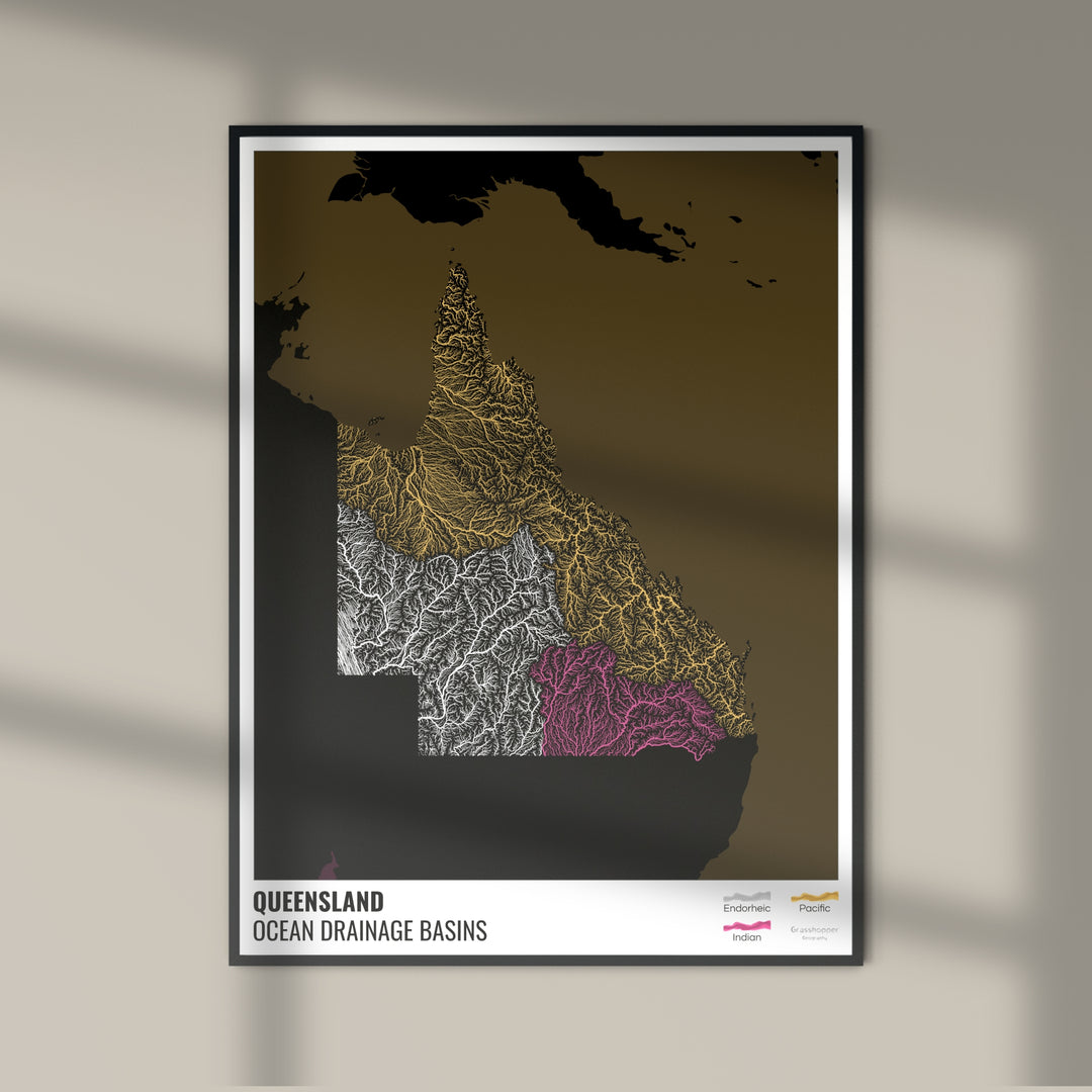 Queensland - Ocean drainage basin map, black with legend v2 - Fine Art Print